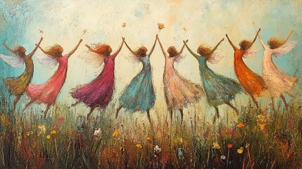 A vibrant painting of joyful fairies dancing in a field of flowers, celebrating nature and happiness.