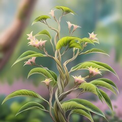 Intricate Twisting Plant with Soft Pink Blooms in a Dreamy Forest Setting