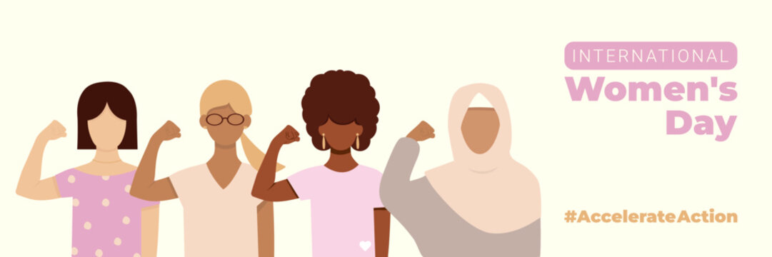 Banner Women's Day. #AccelerateAction. Women of different ethnicitie. March 8. Isolated Faceless vector illustration.