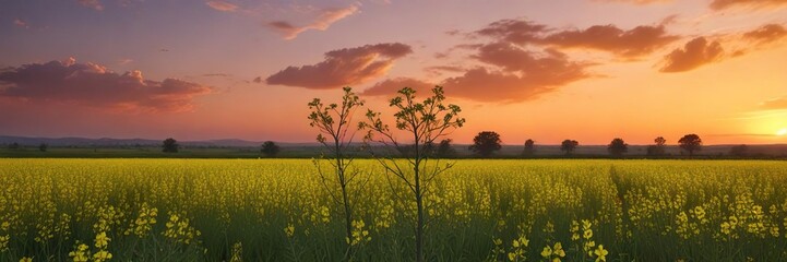 A stunning view of canola flowers against a vibrant orange sky at dusk, sunset, fields
