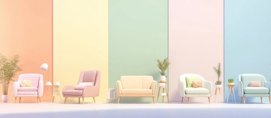 Pastel-colored living room furniture against a colorful wall.