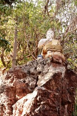 Serene Buddha Statue on Rocky Outcrop Lush Foliage Background