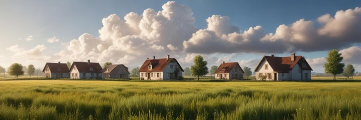 Obraz premium A sunny day in a rural field with a few houses and a light cloud cover, fields, scenery, countryside