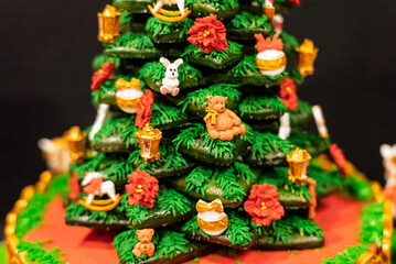 Christmas cakes. Artistic Christmas cakes. Holiday handmade Christmas cakes. Chocolate Santa Claus cake. Sweet chocolate cakes.