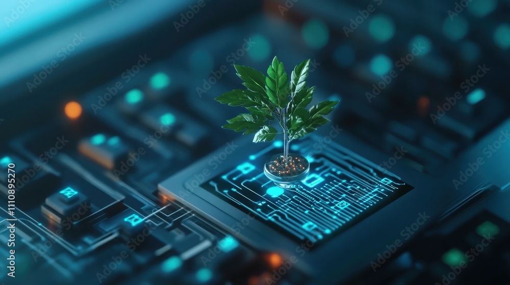 Poster a small green plant growing on a computer chip surrounded by circuit patterns, symbolizing the inter