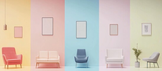 Pastel-colored room interior with modern furniture and minimalist decor.