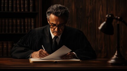 Judge writing in a dimly lit courtroom