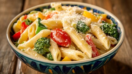 Photo of, A colorful bowl of creamy pasta primavera, featuring al dente penne pasta tossed with an assortment of fresh vegetables like bell peppers