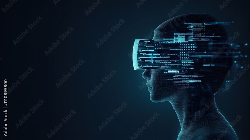 Aufkleber a futuristic silhouette of a person wearing virtual reality headset with digital data streams flowin