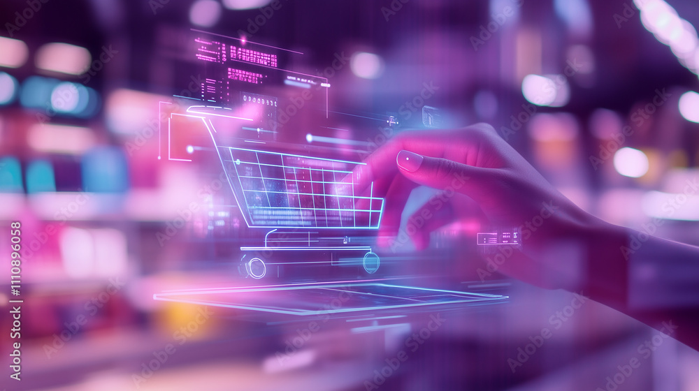 Poster virtual hand in online shopping, modern ui interface, computer and smartphone, enhanced user experie