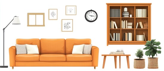 Orange sofa, bookcase, coffee table, plants, and wall art in a living room setting.