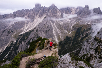 Hiking in the Dolomites mountains.