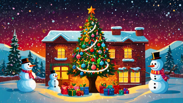 A playful Christmas-themed doodle featuring a decorated tree with ornaments and lights, cheerful snowmen, drifting snowflakes, candy canes, and wrapped gifts.  A Very Doodly Christmas