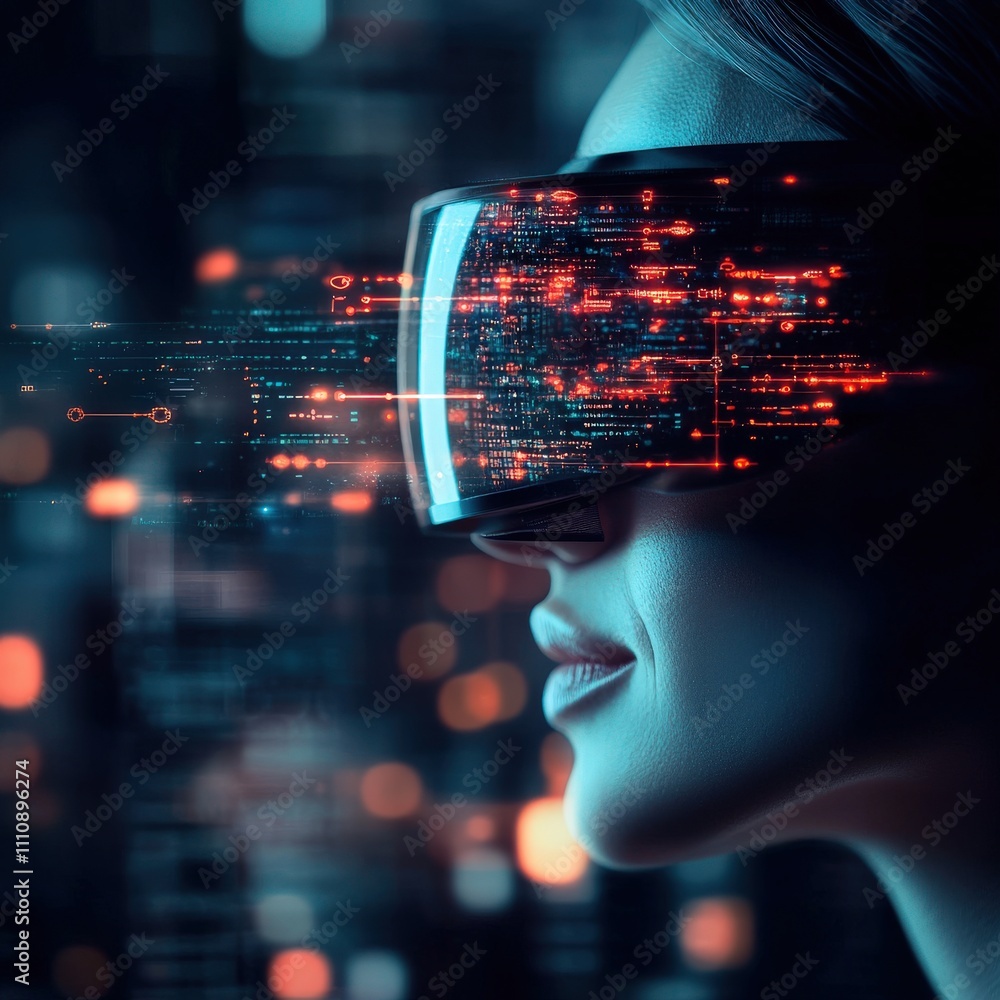 Poster futuristic woman with virtual reality glasses engaging in a high-tech digital environment surrounded