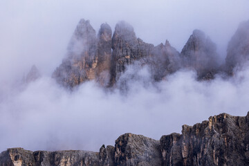 Fog in the Dolomites mountains.