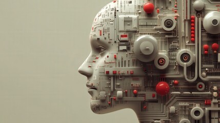Fototapeta premium Futuristic Profile Illustration of Human Head Merged with Abstract Technology and Circuitry Elements, Symbolizing Artificial Intelligence and Innovation Concepts