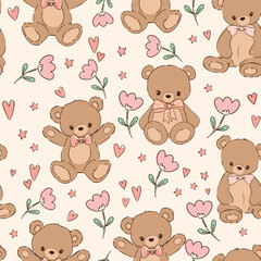 Fototapeta premium Cute Teddy Bear and flowers pattern seamless, vector illustration Hand Drawn Cute print design