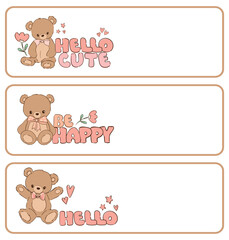 Obraz premium Set teddy bear and pink bow, vector hand drawn illustration, cute print design for kids, Banner Kids Theme Design