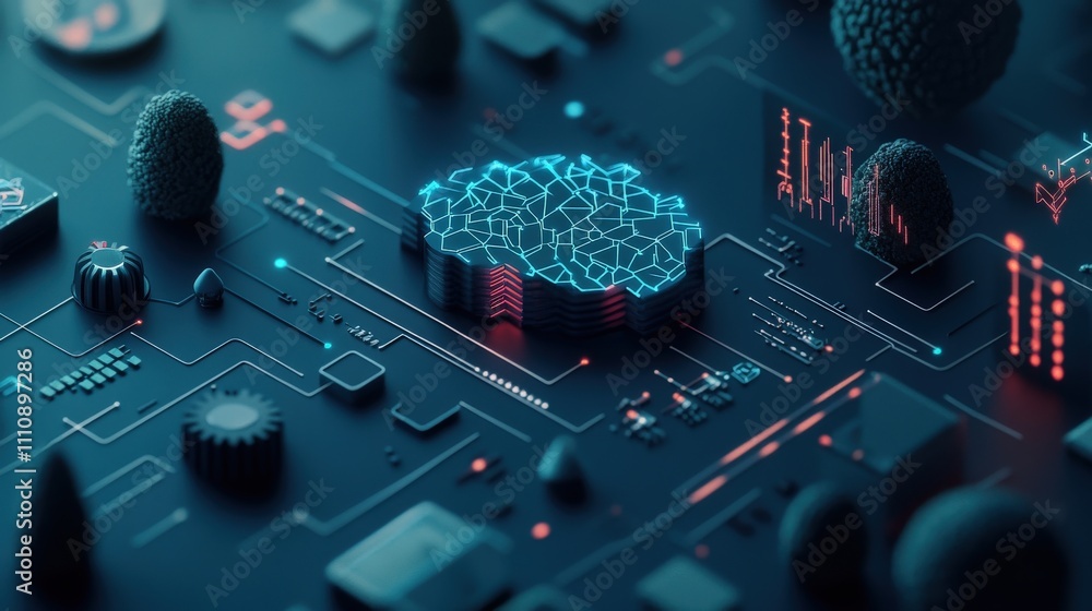 Poster futuristic digital landscape with neon lights and geometric patterns representing technology and inn