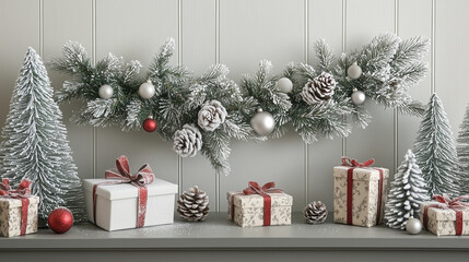 A snowy-effect garland with frosted pine needles, miniature gift boxes, and glittery baubles, Christmas symbols