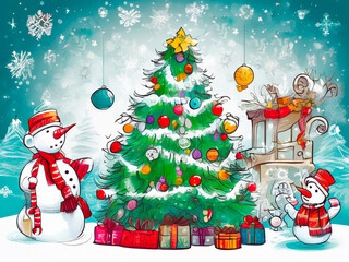 A playful Christmas-themed doodle featuring a decorated tree with ornaments and lights, cheerful snowmen, drifting snowflakes, candy canes, and wrapped gifts. Sparkling Christmas Eve