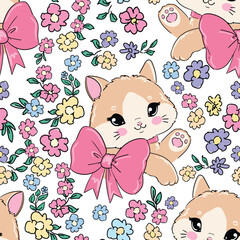 Hand Drawn Cute Cat and Floral Pattern seamless for Kids Textiles vector