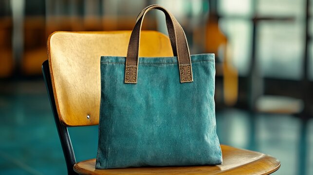 Stylish blue eco tote bag with brown handles resting on a wooden chair in a modern setting. - Powered by Adobe