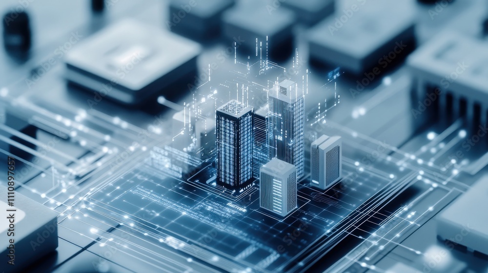 Poster Futuristic Cityscape with Digital Elements Overlaid on Circuit Board, Representing Smart Technology Integration in Urban Development and Architecture