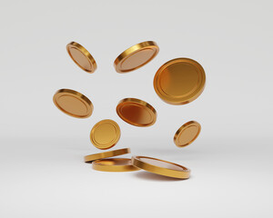 Spinning Golden Coin - Rotate Golden Coin at Different Angles. Gold coins fall from the sky. Set of Gold coins. Cash change money falling down and stacking in a pile for savings. 3D Rendering