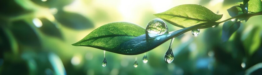 Fototapeta premium Illustrate a crystal-clear droplet of water gracefully sliding down a vibrant green leaf, symbolizing the essence of the water cycle