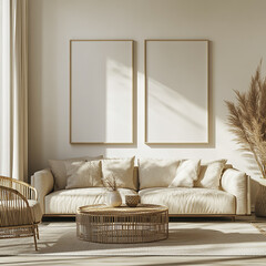 A minimalist mockup of two blank poster frames on the wall