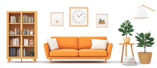 Modern living room interior with orange sofa, bookcase, plants, and wall decor.