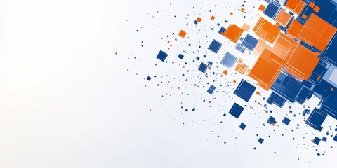 Blue and Orange Digital Technology Background Vector Banner with Pixel Blocks. Abstract Tech Concept.