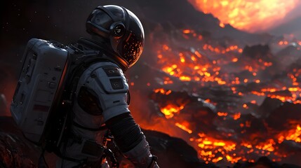 Astronaut Exploring Volcanic Planet Lava Space Exploration Sci Fi Futuristic