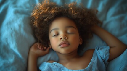 Peaceful Sleep of a Young African American Girl on Blue Bedding, Evoking Warmth and Innocence, Ideal for Parenting and Wellness Themes