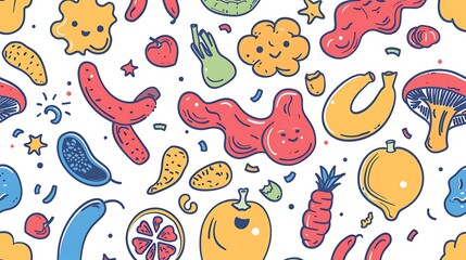 A colorful, hand-drawn pattern of abstract shapes and characters resembling fruits, vegetables, and other objects, forming a playful and whimsical design.