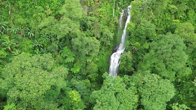 Aerial shot of Curug Cijalu ,beautiful hidden waterfall in green forest. Tropical mountain jungle waterfall in the tropical forest. Nature background