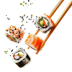 Chopsticks holding sushi flying in the air isolated on a transparent background
