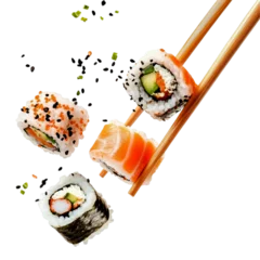 Fotobehang Chopsticks holding sushi flying in the air isolated on a transparent background © Shimul
