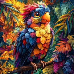 Fototapeta premium Vibrant colorful parrot perched on a branch amidst lush foliage.