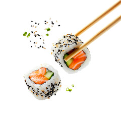 Chopsticks holding sushi flying in the air isolated on a transparent background