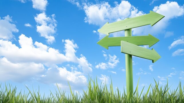 Green directional arrow sign, navigating choices, paths and decisions at intersection or crossroads