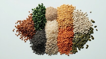 A balanced spread of vegetables seeds and superfoods in a harmonious composition