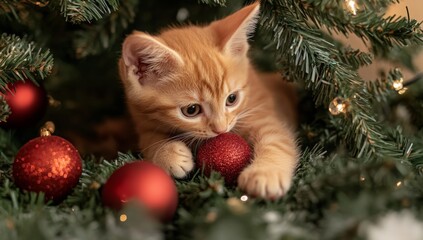 Close-Up of Adorable Kitten Playing with Christmas Ornaments. Capturing Curious and Playful Nature in High Resolution.