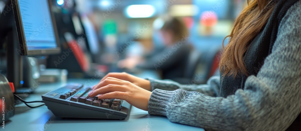 Aufkleber close-up of woman's hands typing on a keyboard in a computer lab.