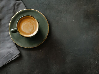 Zenith view of a green cup with foamy coffee on a dark surface. Copy spacy. 