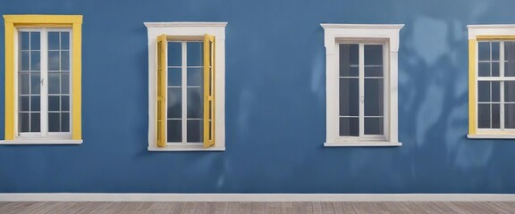 Obraz premium Blue and yellow painted wall with contrasting white window frames in a small cottage, rustic decor, white trim, blue