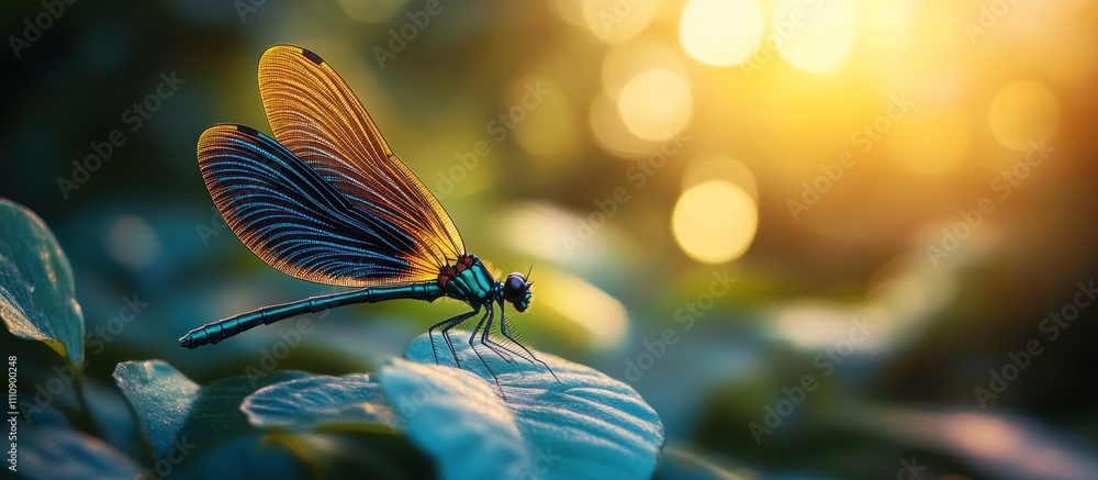 Aufkleber a colorful dragonfly perched on a leaf in a forest with sunlight bokeh in the background.
