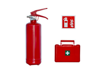 fire extinguisher, first aid kit and safety sign isolated on white background