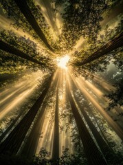 Sunbeams Through Redwood Canopy